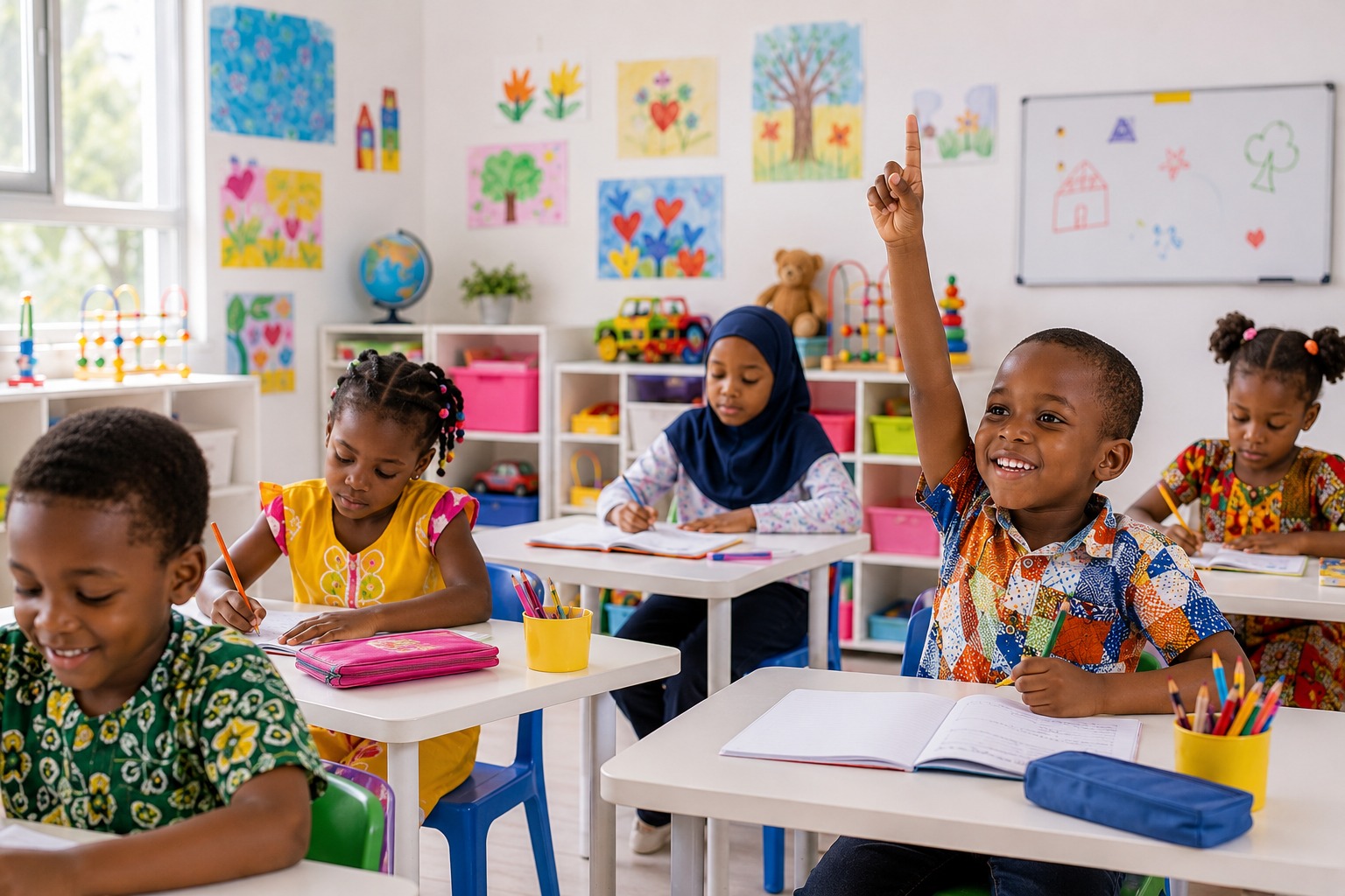 Des enfants participent avec enthousiasme dans une salle de classe colorée
