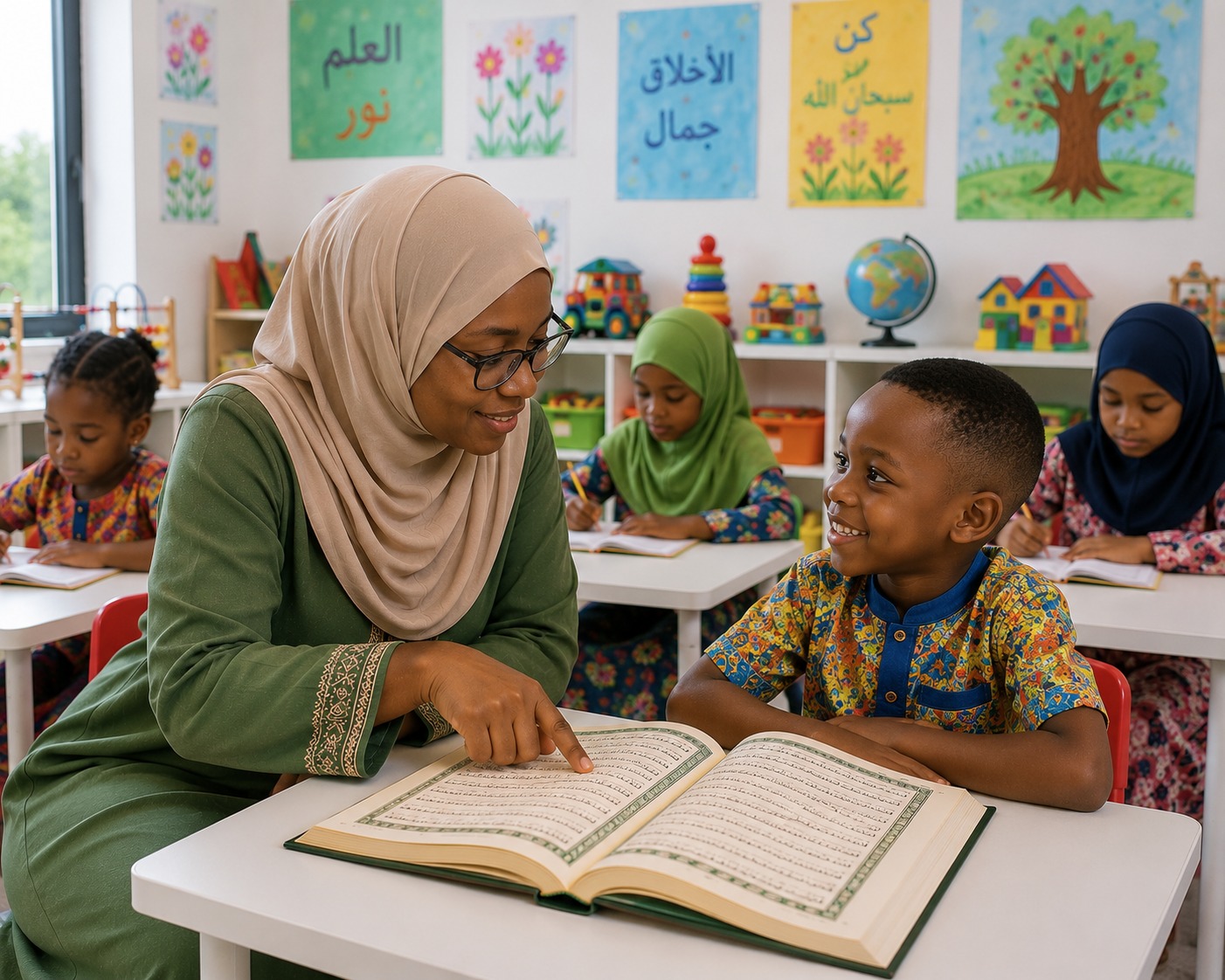 Une enseignante accompagne un enfant dans la lecture du Coran
