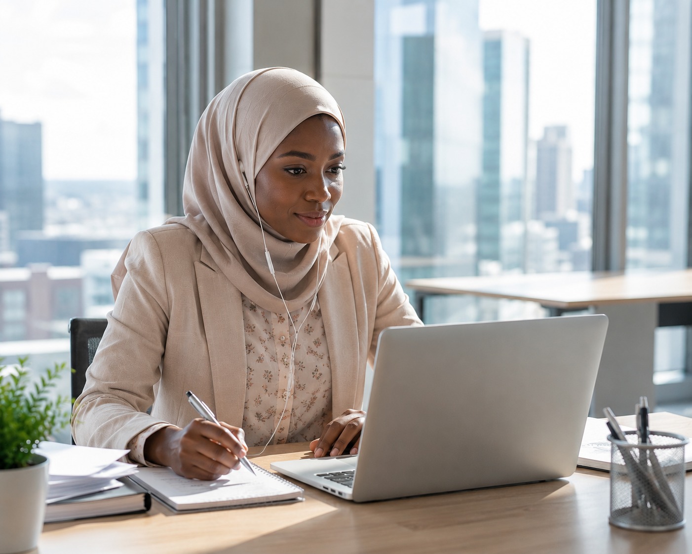 Une femme suit un cours en ligne sur son ordinateur portable