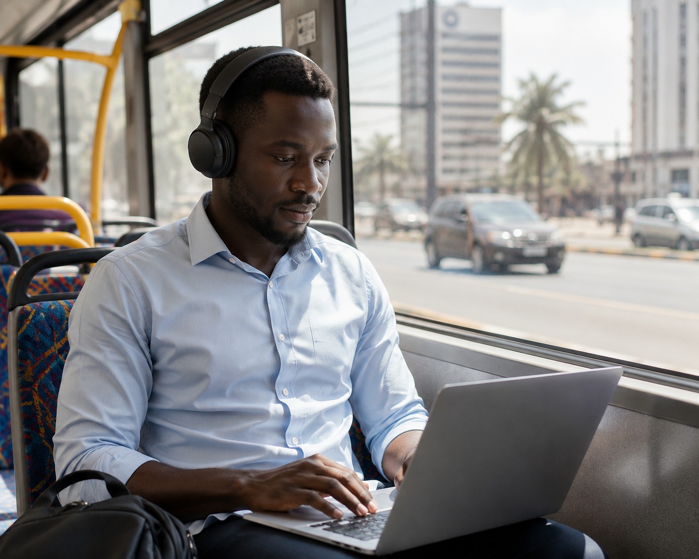 Un homme suit un cours en ligne avec un casque audio dans les transports